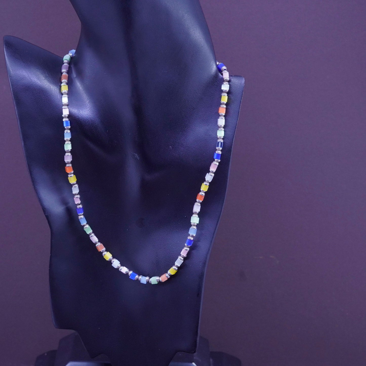 18”, sterling silver handmade necklace, 925 heishi chain with cats eye beads