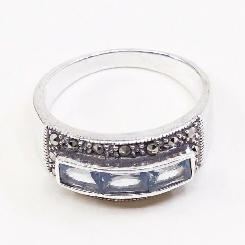 Sz 7, Sterling Silver handmade Ring, 925 Silver Band W/ sapphire n marcasite