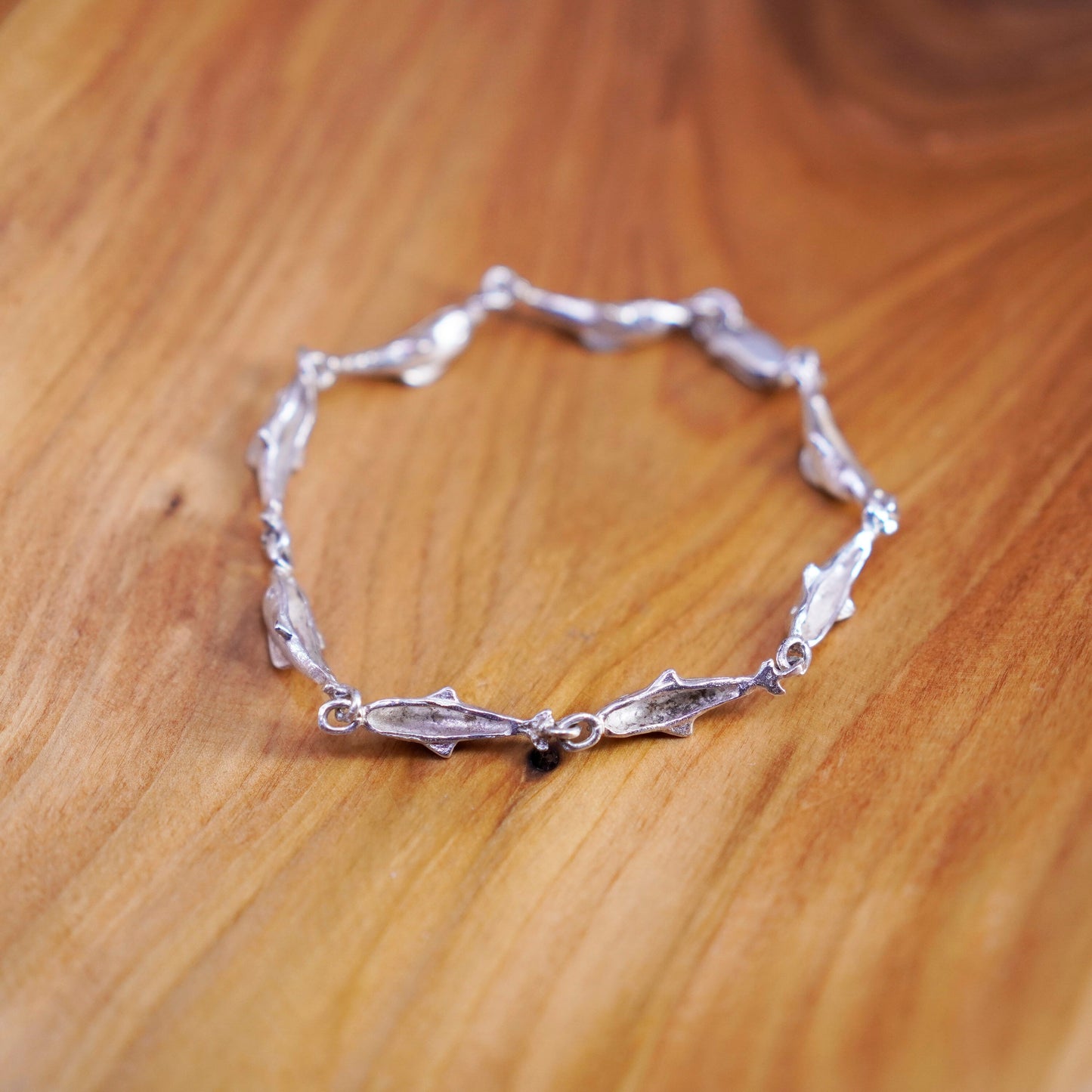 7.5”, vintage sterling 925 silver handmade bracelet, dolphin chain