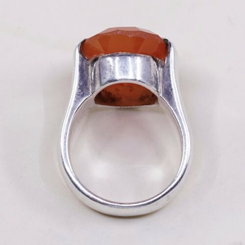 Sz 6.75, Vtg Sterling Silver Ring, 925 Statement Ring W/ Checker Cut Carnelian