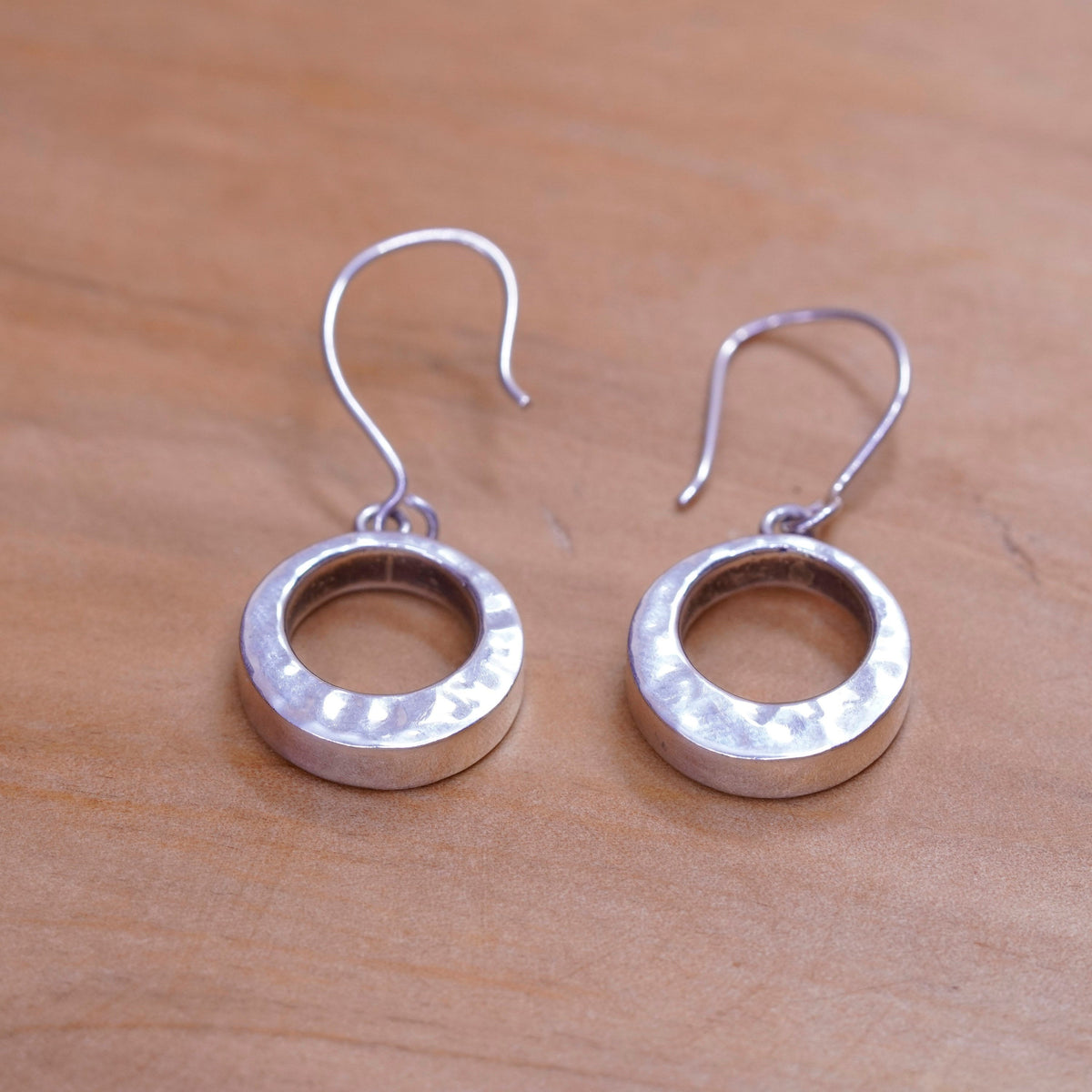 Vintage handmade sterling silver earrings, 925 circle hammered dangle