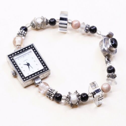 6.5”, Vtg Watch With Handmade Sterling 925 Silver Clasp And Beads Bracelet Band
