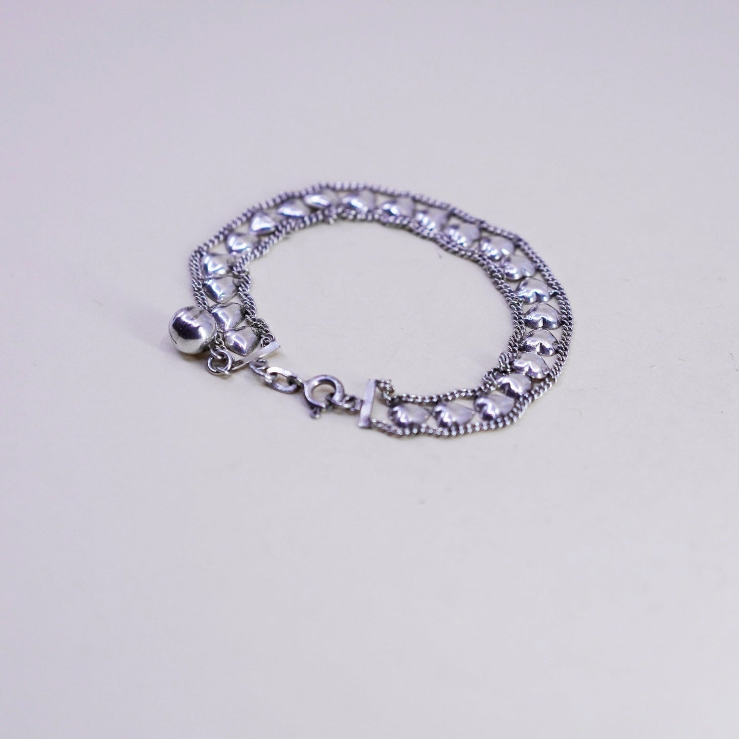 6.75”, Vintage sterling silver bracelet, 925 heart chain with chime bell charms