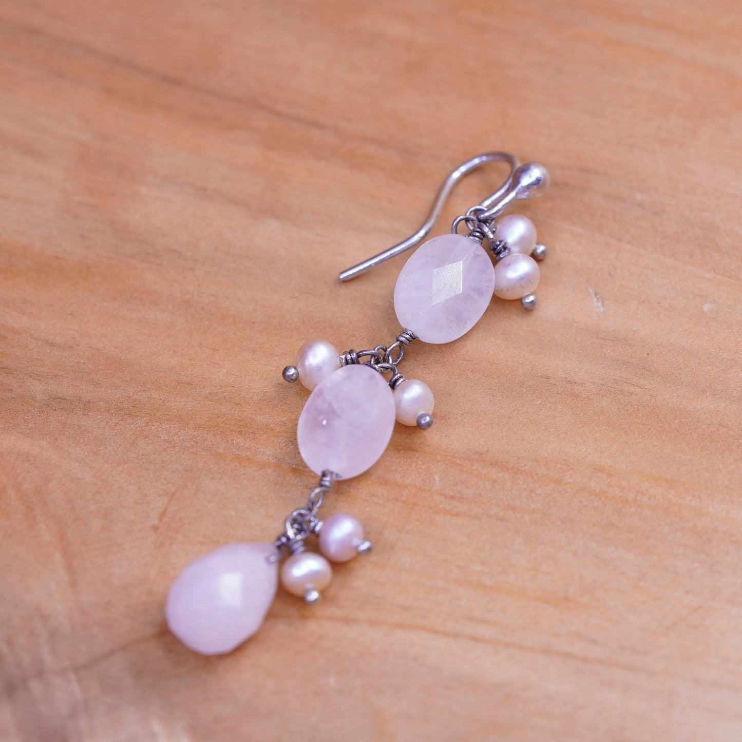 Vintage Mexico Sterling 925 silver handmade earrings w/ pink rose quartz pearl