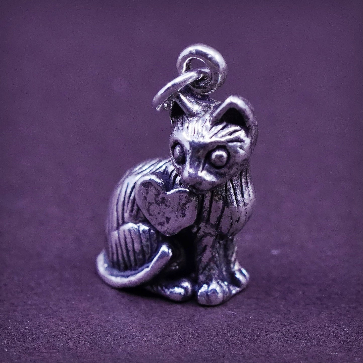 Vintage Sterling silver handmade pendant, 925 cat kitty charm with heart