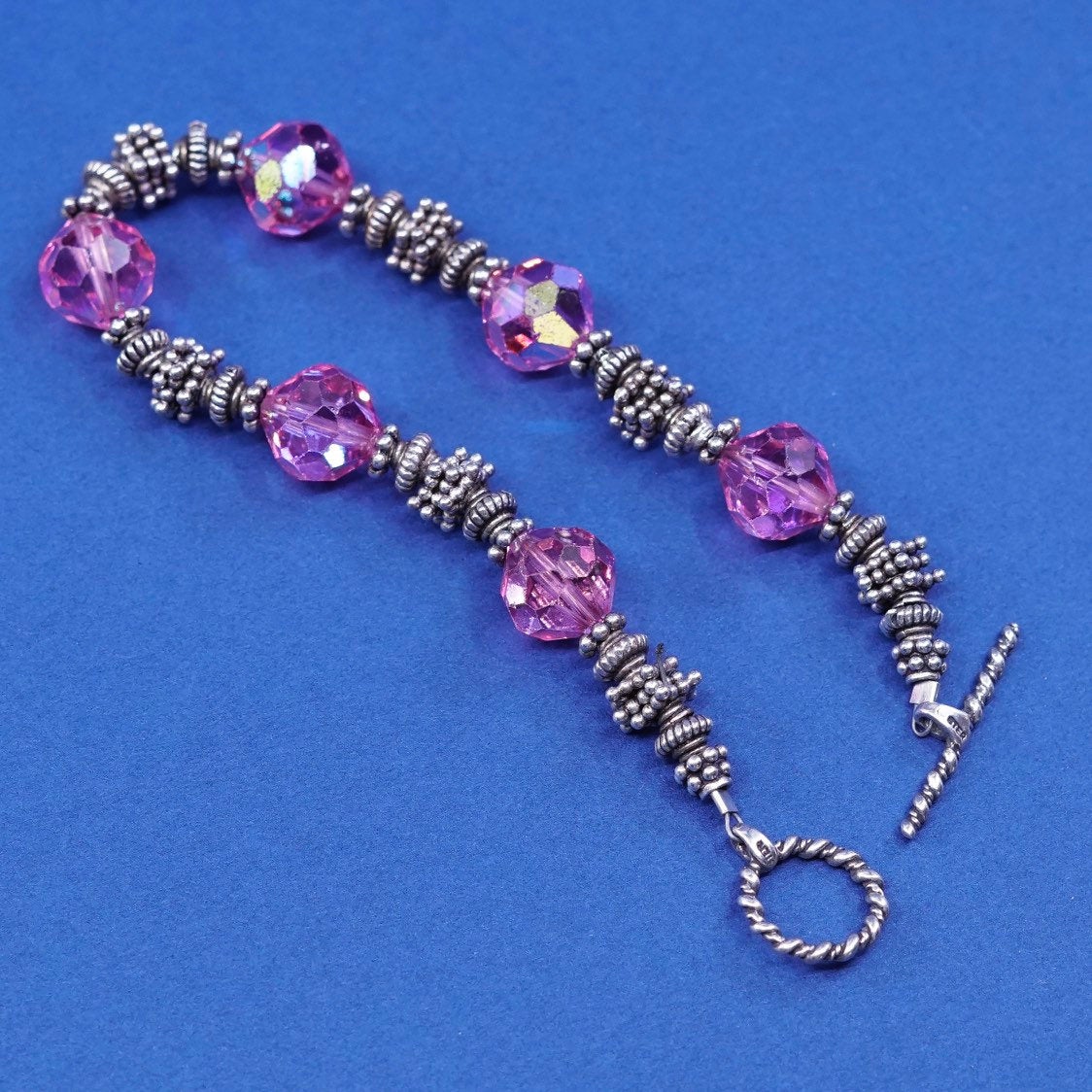6.5”, vtg sterling silver handmade bracelet, 925 w/ pink crystal beads N toggle