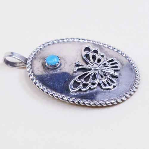 Navajo sterling silver pendant Native American 925 Oval W/ butterfly N turquoise