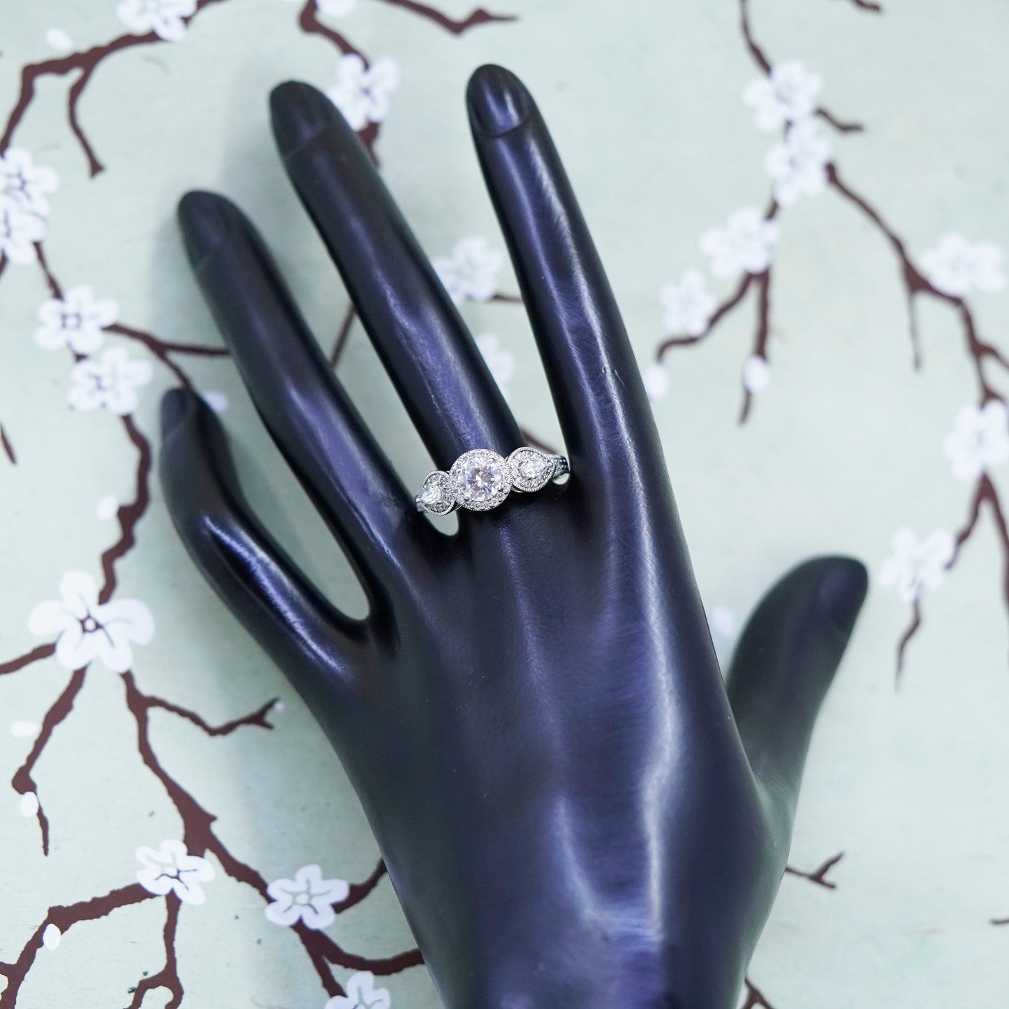 Size 10.5, Sterling silver ring, 925 silver w/ round cut crystal and CZ cluster