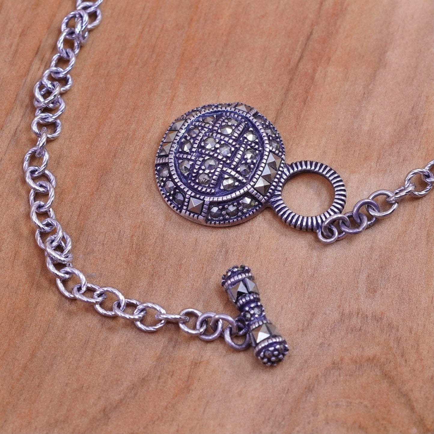 18”, Judith Jack Sterling silver necklace, 925 circle chain pendant marcasite