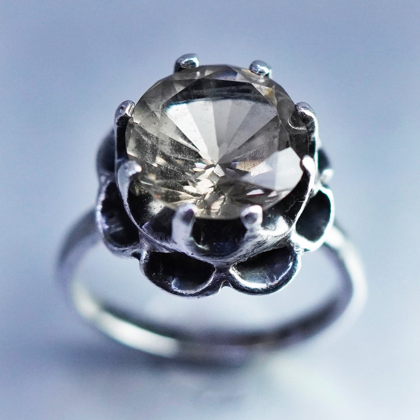 Size 5.5, vintage Sterling 925 silver handmade crown ring with smoky quartz