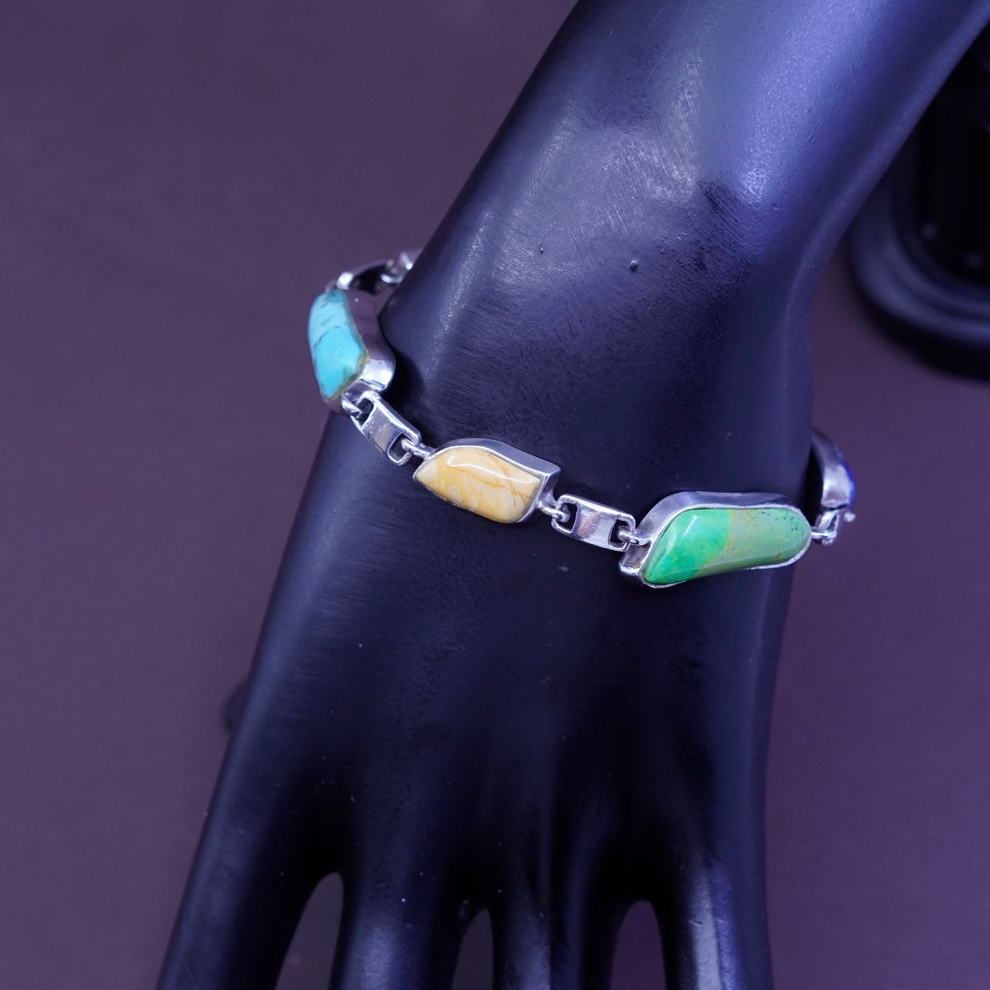 6.75”, mexico Sterling 925 silver bracelet with lapis lazuli amber turquoise