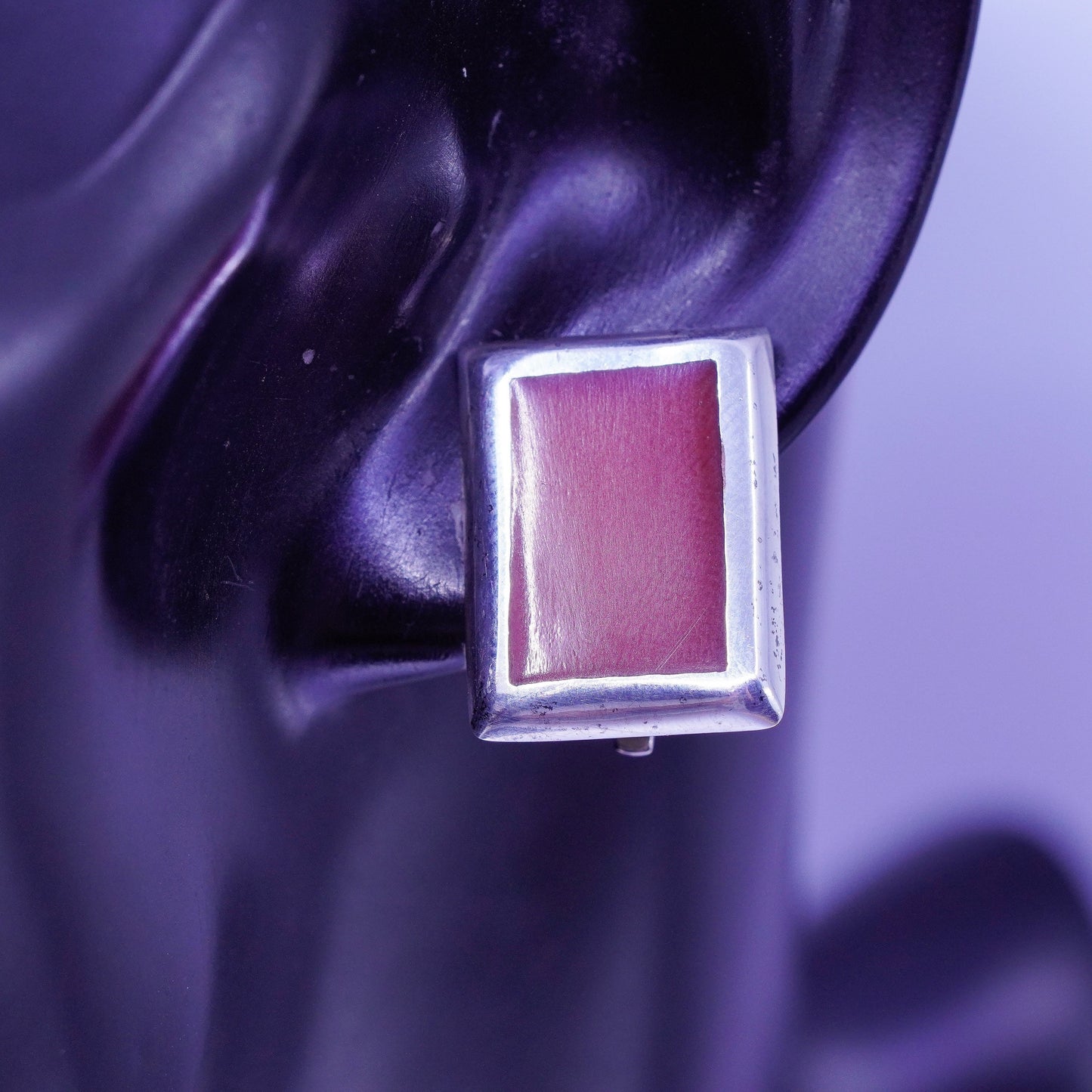 Sterling 925 silver handmade earrings, rectangular clip on red and black enamel