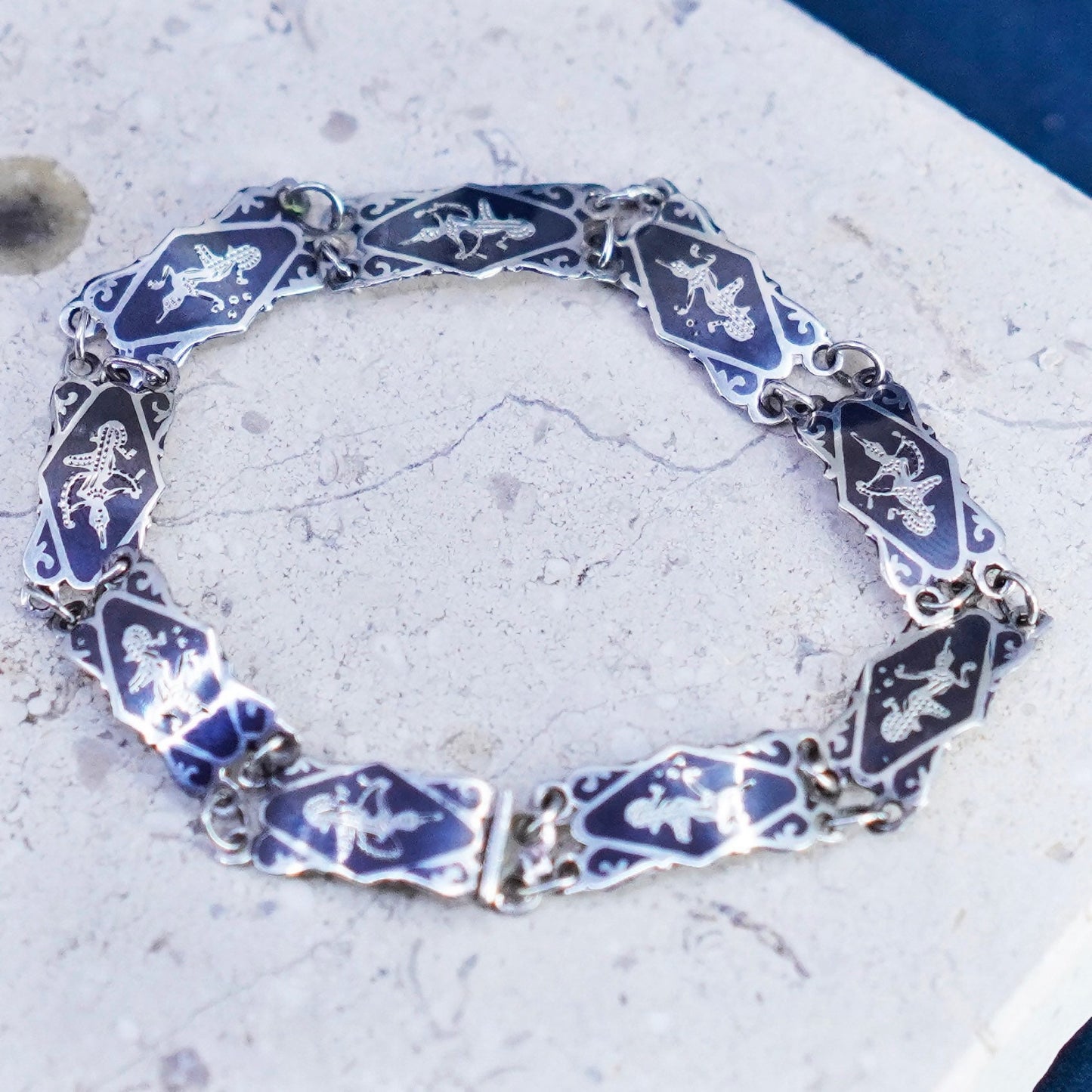 7”, vintage Siam Indian sterling silver handmade link bracelet