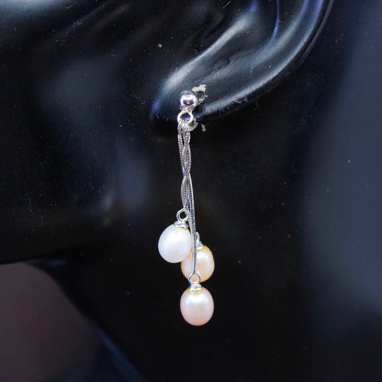 Vintage Sterling silver handmade earrings, 925 snake chain with pearl drops