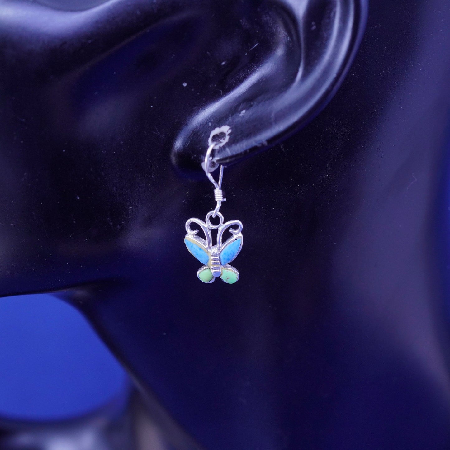 Vintage Sterling silver handmade dangles, 925 butterfly earrings with turquoise