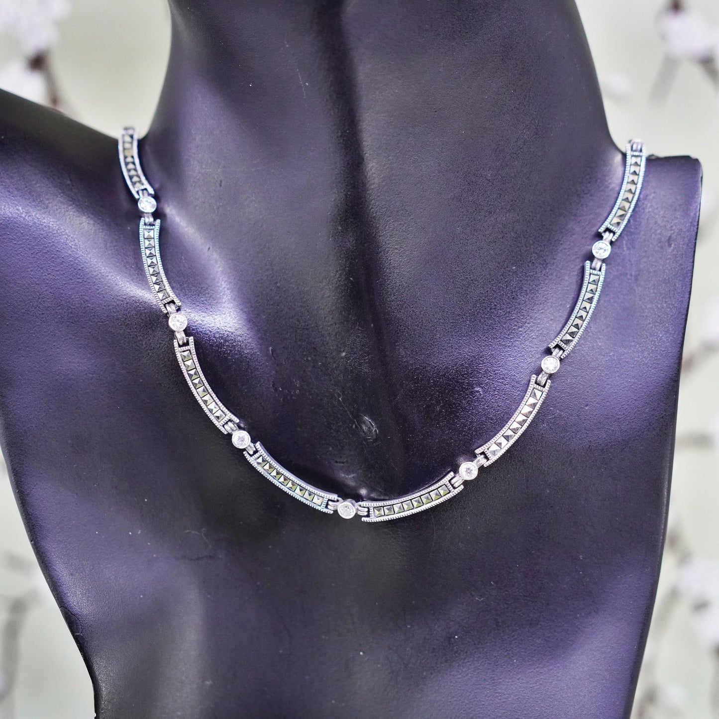 16”, Judith Jack sterling 925 silver necklace, bar chain with cz and marcasite