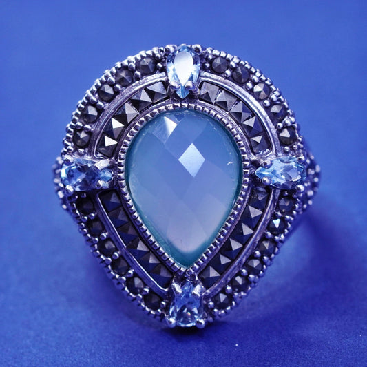 sz10, vtg 925 Sterling 925 Silver teardrop Chalcedony Cocktail Ring Marcasite