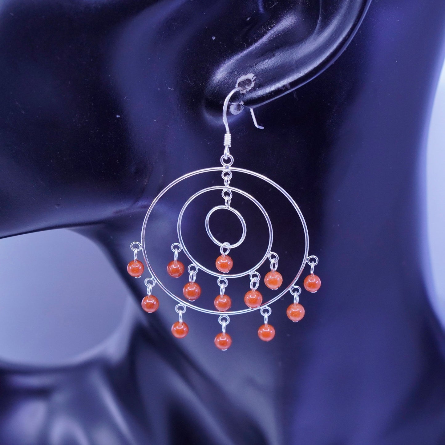 Vintage Sterling 925 silver handmade multi circle earrings with carnelian beads
