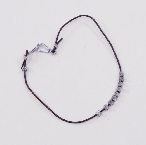 7.5”, Vtg Sterling 925 Silver Handmade Bracelet, Brown Leather Core W/ Beads