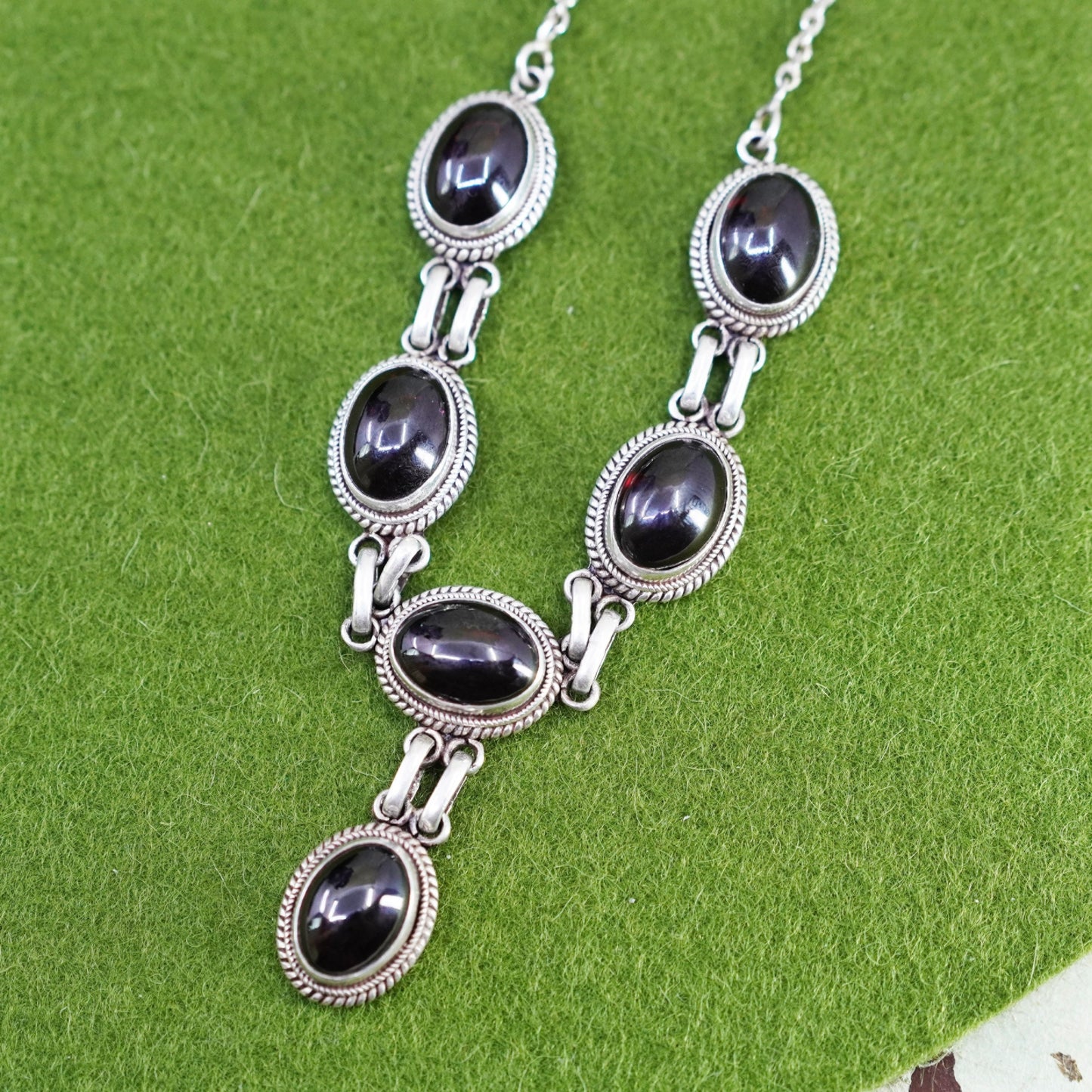 16+2”, vintage Sterling silver necklace, Italy 925 circle chain garnet pendant