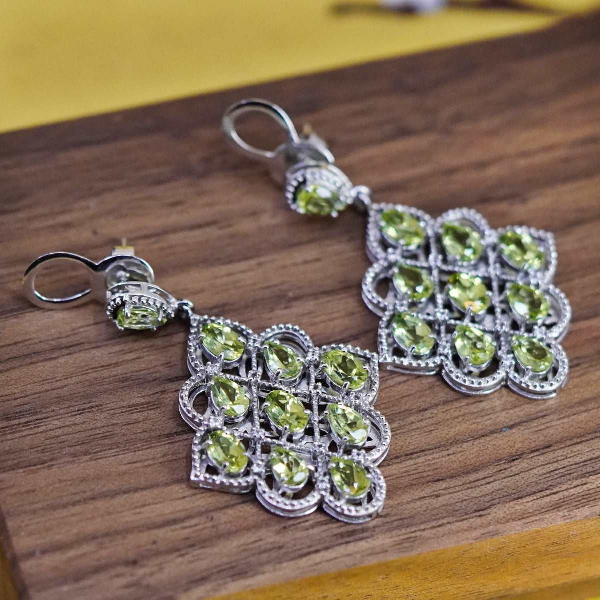 Vintage designer Sterling 925 silver handmade earrings cluster peridot diamond