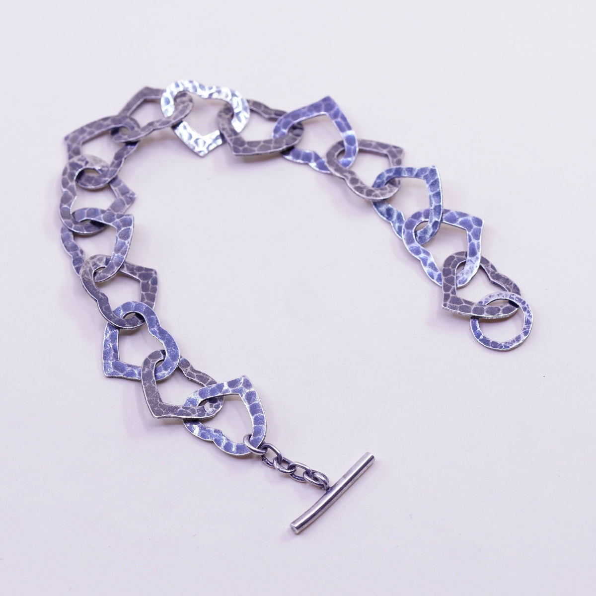6.25”, Vintage sterling silver hammered oxidized heart bracelet, 925 chain