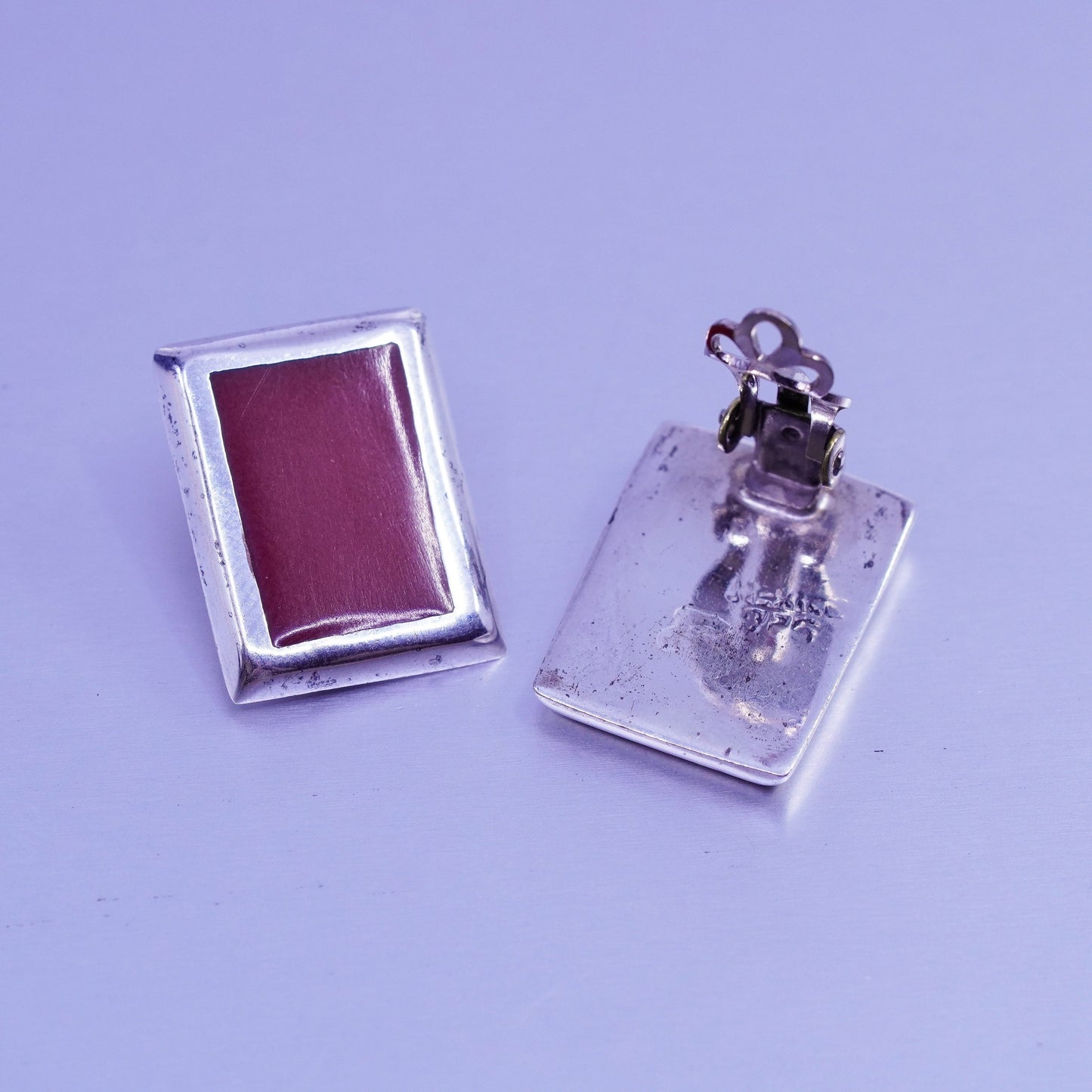 Sterling 925 silver handmade earrings, rectangular clip on red and black enamel