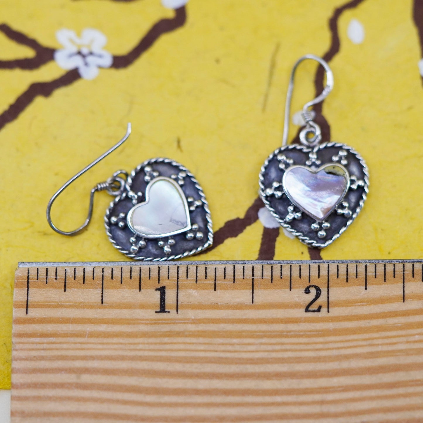 VTG Sterling 925 silver handmade earrings with heart mother of pearl and beads