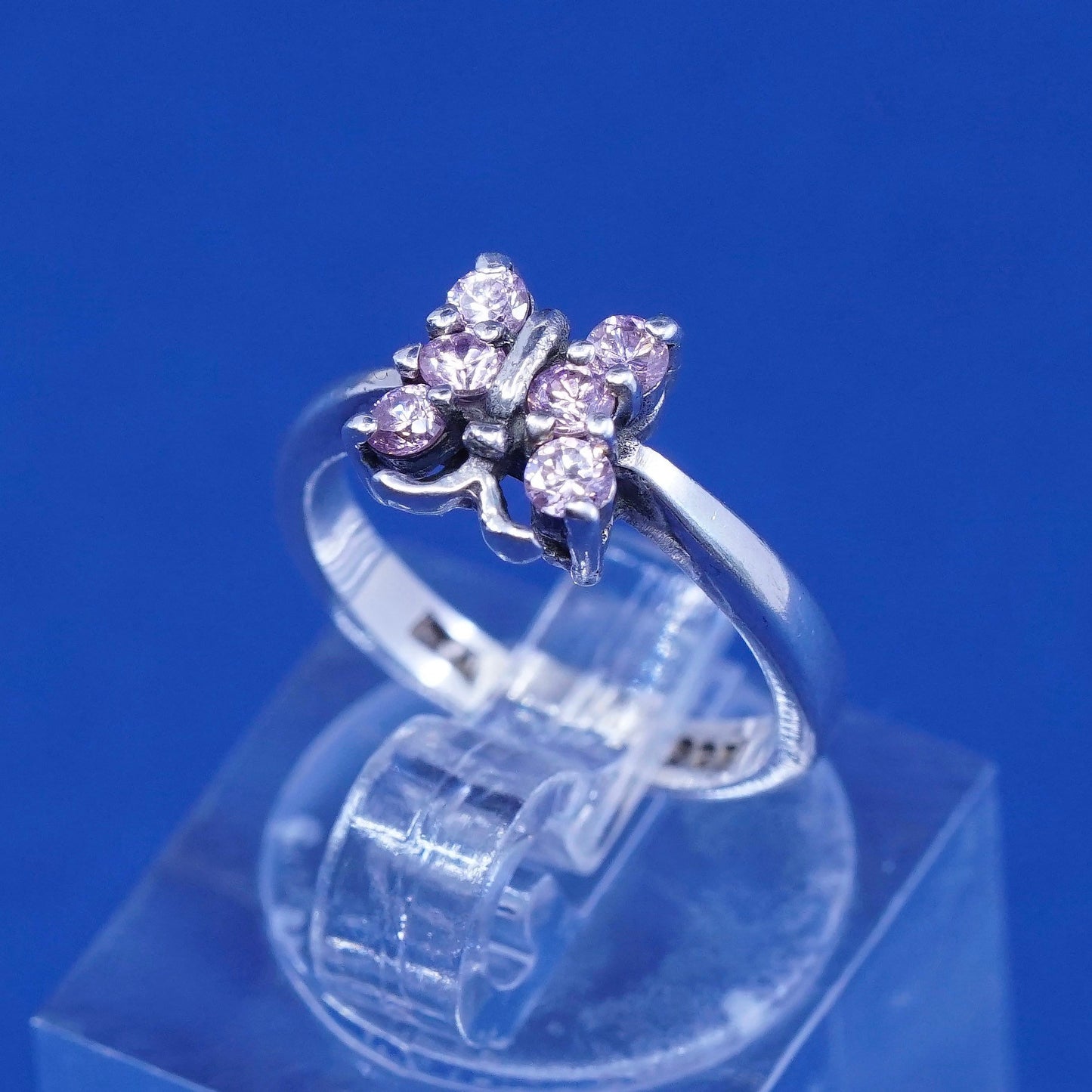Size 3, vtg Sterling silver engagement ring, 925 band with pink cz butterfly