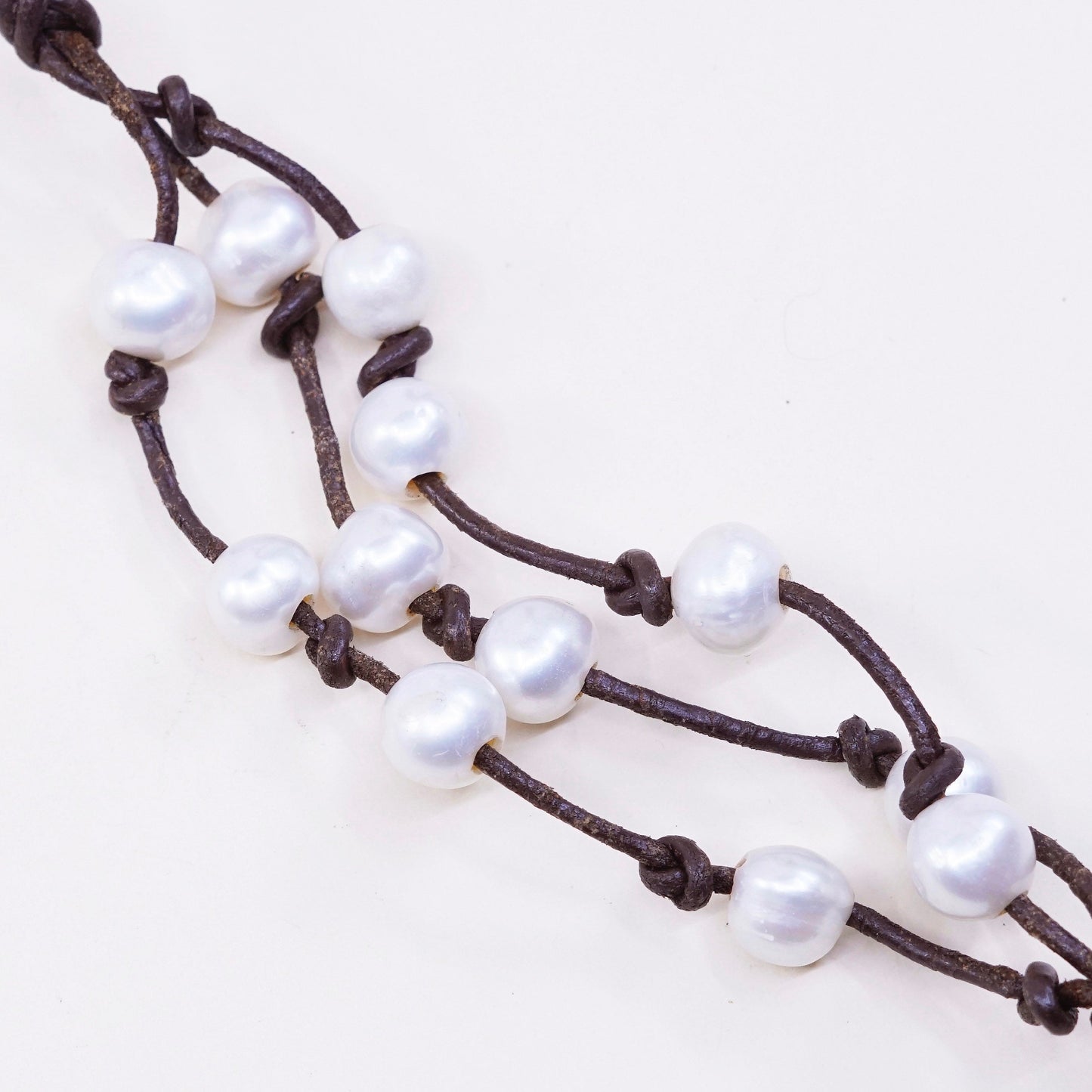 6” vintage brown leather chain with sterling 925 silver clasp and pearl