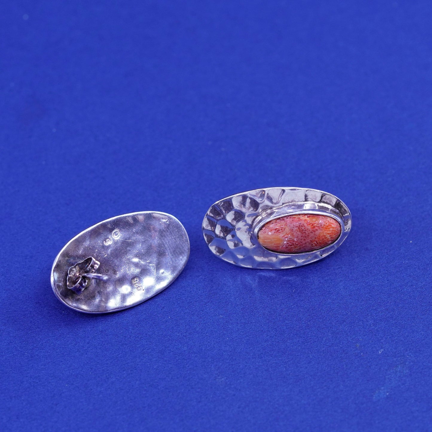 Native American Sterling silver earrings, 925 oval hammered studs with coral