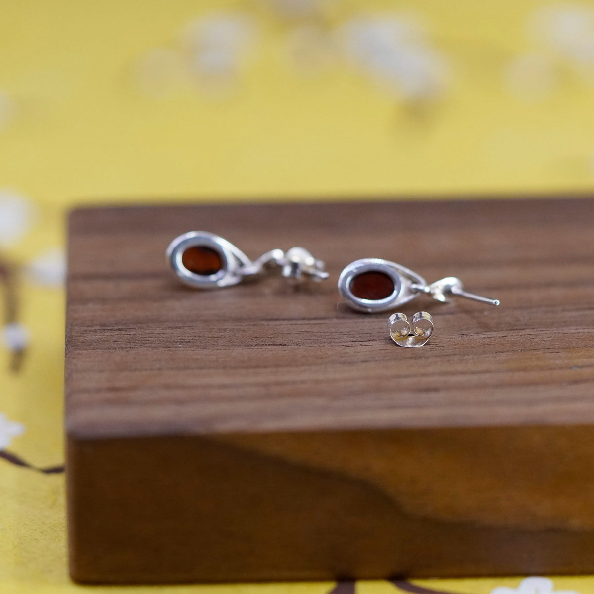 Vintage Sterling 925 silver handmade teardrop earrings with Amber