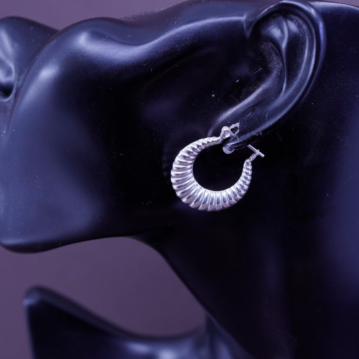 1”, vintage Sterling silver handmade earrings, ribbed hoops Huggie