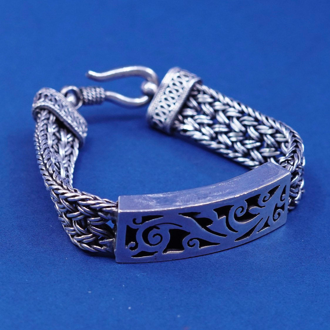 6.5”, vtg Sterling silver handmade bracelet, 925 wheat chain w/ swirl bar