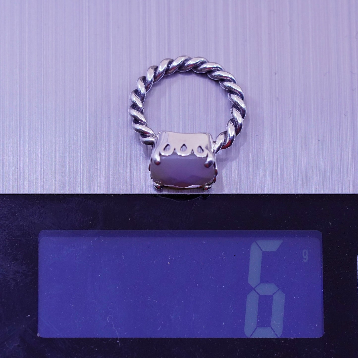Size 6, ALE Sterling 925 silver ring with checker cut moonstone cable band