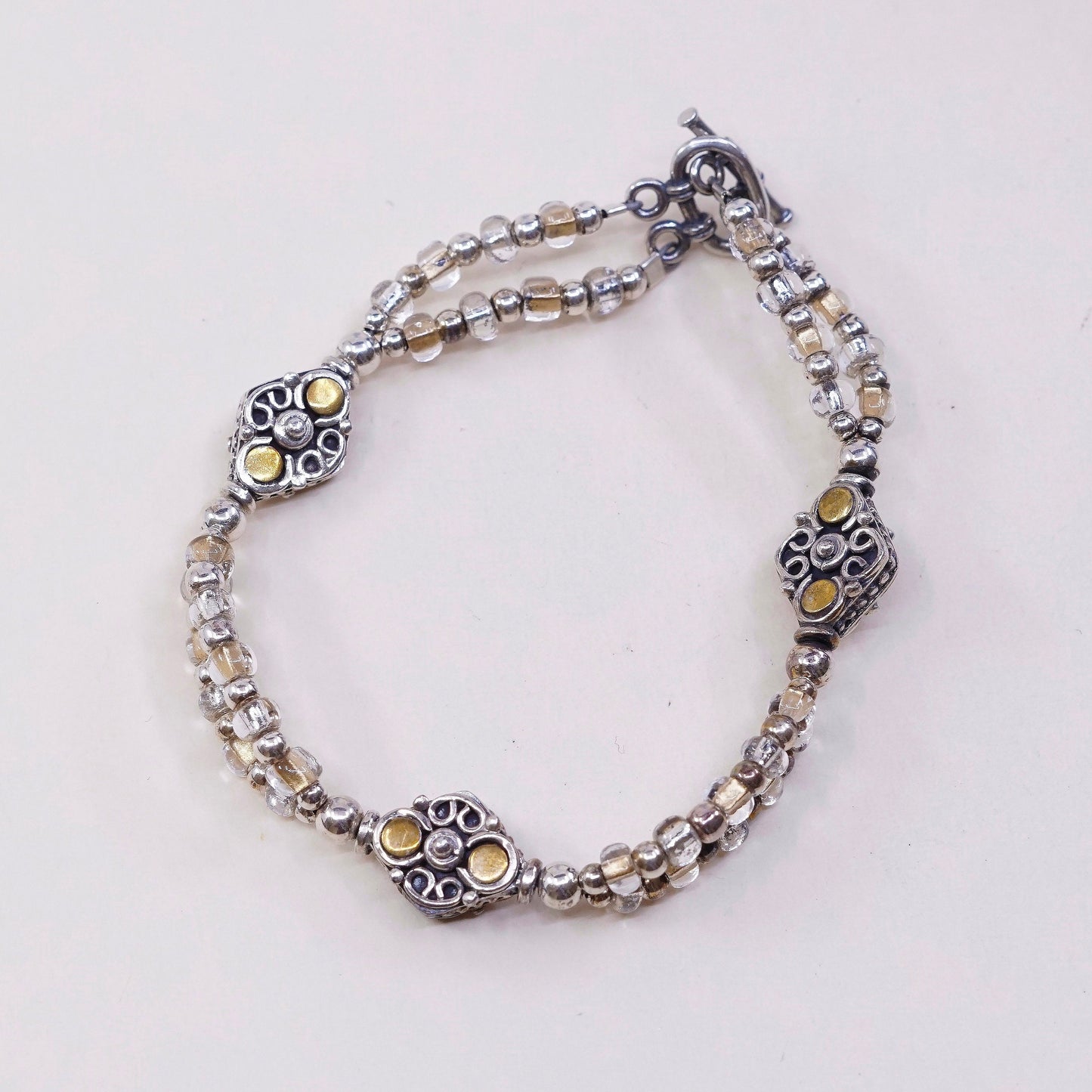 5.75”, VTG sterling silver handmade bracelet, 925 beads N toggle