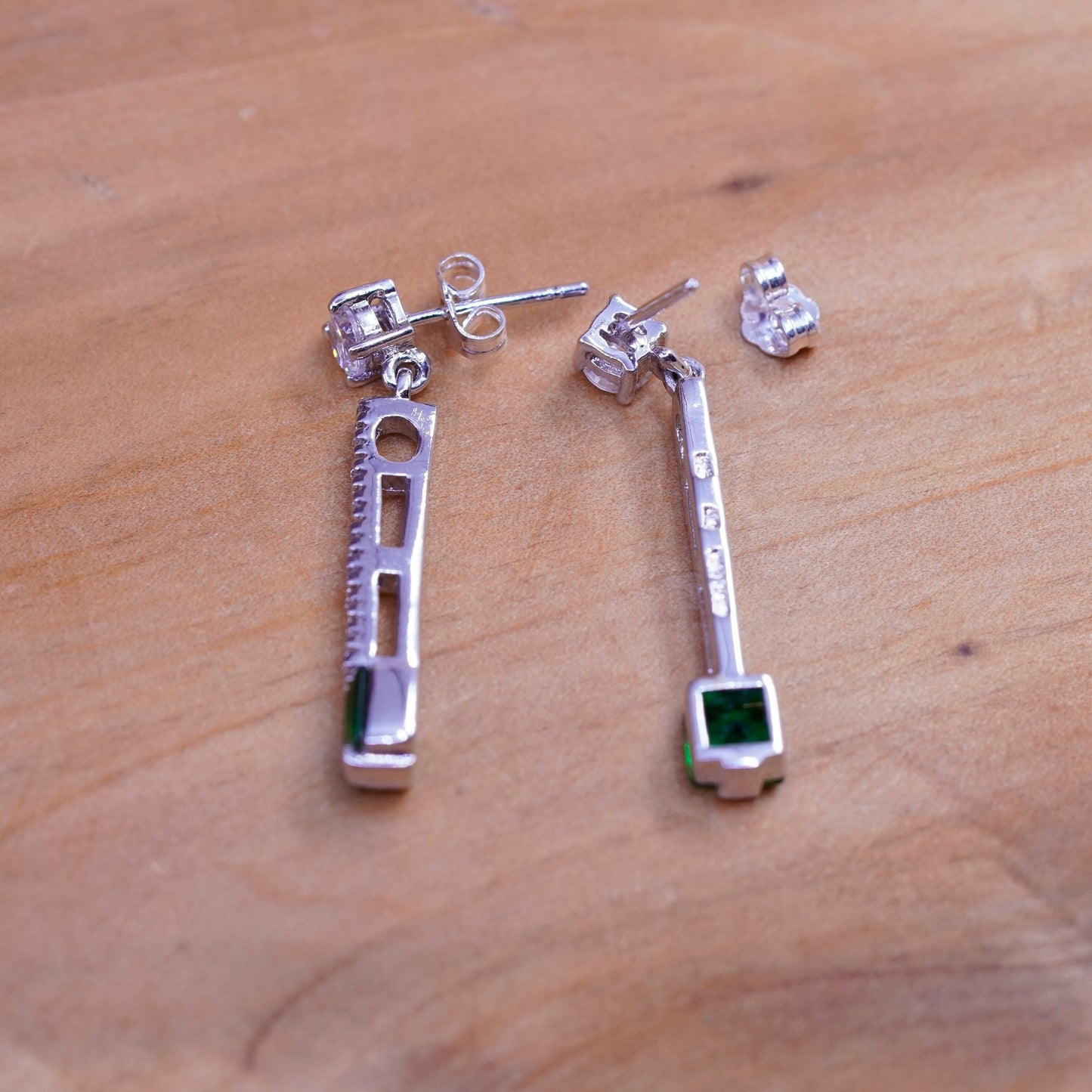 Vintage Sterling silver handmade earrings, 925 long drops with green clear CZ