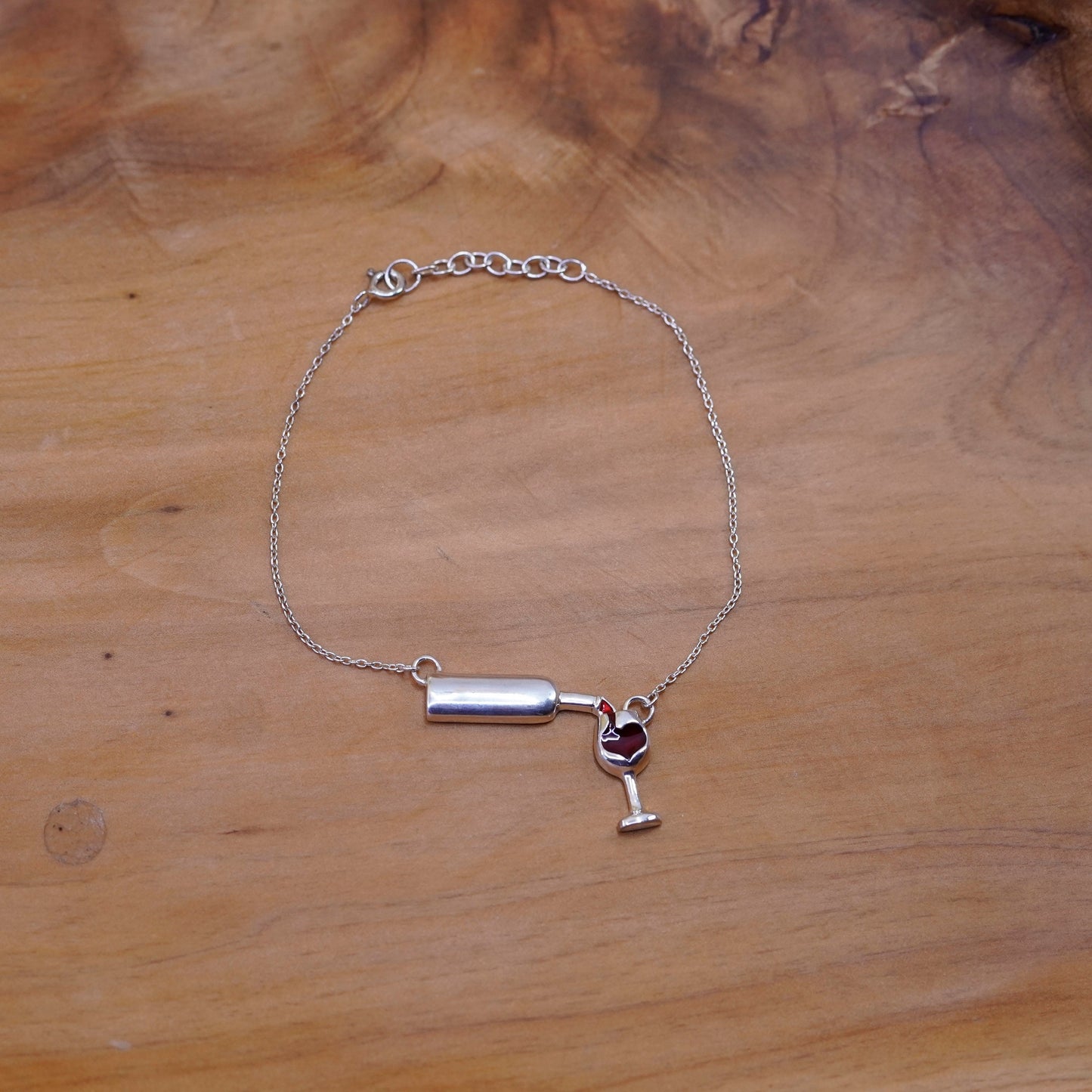 8”, sterling 925 silver handmade bracelet, circle chain with wine glass bottle
