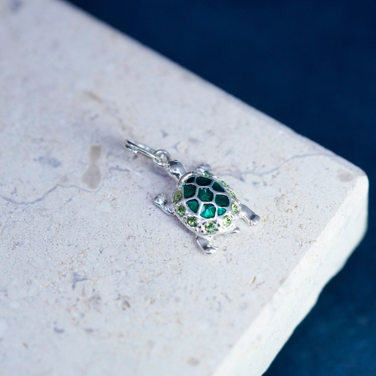 Vintage Sterling silver handmade pendant, 925 green enamel turtle charm