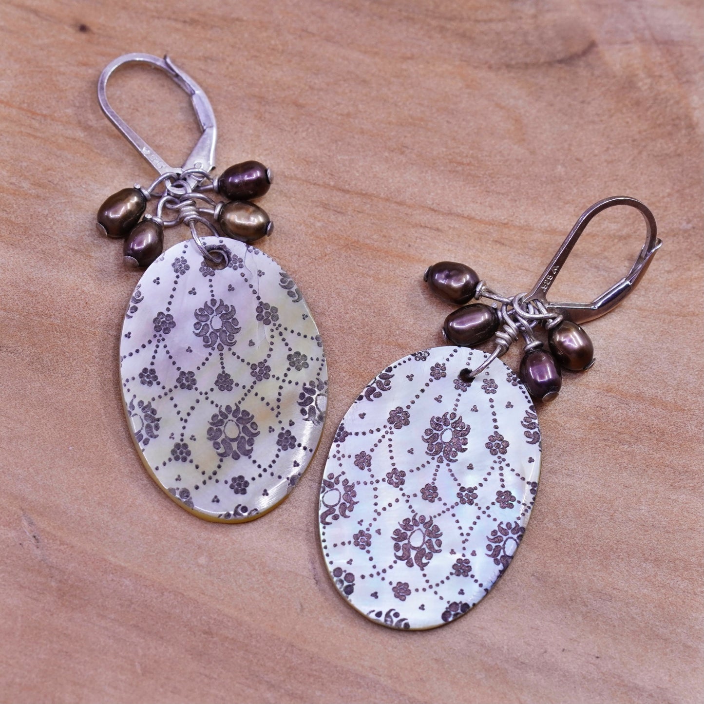 Vintage Sterling 925 silver Handmade earrings with cluster pearl abalone disc
