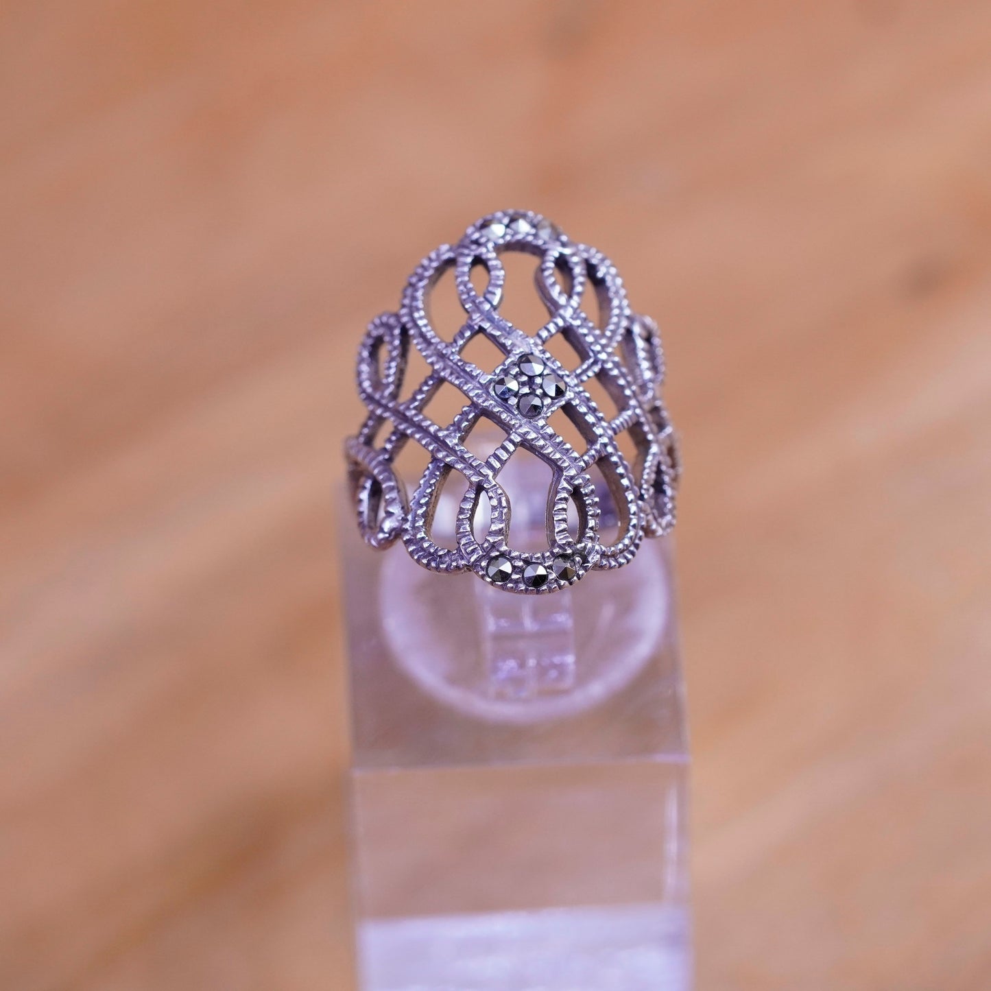 Size 5.5, vtg Art Deco Sterling silver handmade ring, wide 925 band marcasite