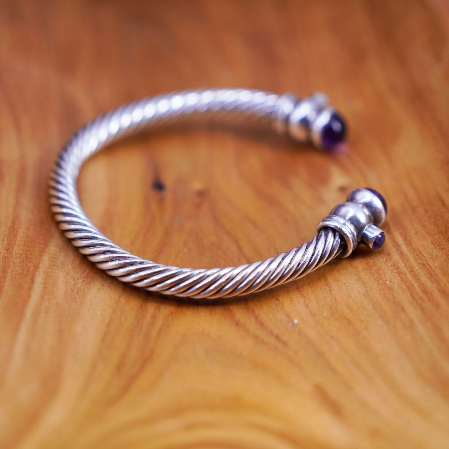 8.5”, vintage Sterling silver handmade bracelet, 925 cable cuff with amethyst