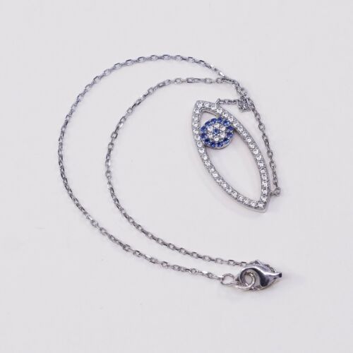 9.25” Vtg Sterling Silver Bracelet, 925 Circle Chain W/ Evil Eye N Cluster Cz