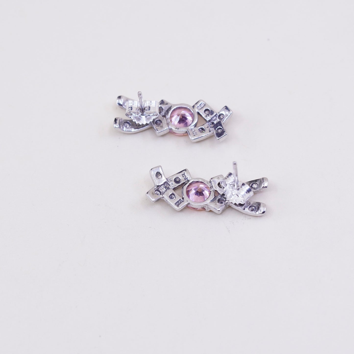 Vintage sterling silver handmade earrings, 925 XOX studs with and pink Cz