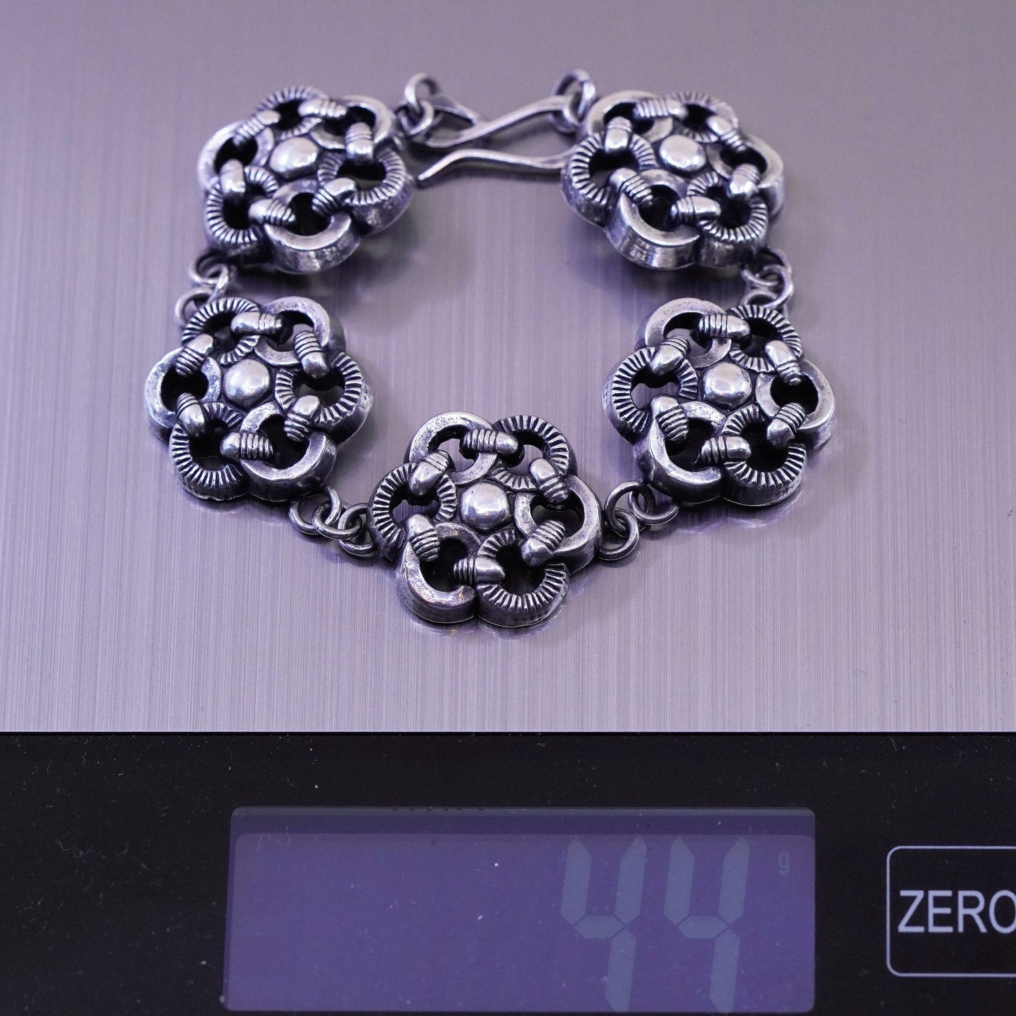 6.5”, vintage sterling 925 silver handmade bracelet, knotted floral pink chain