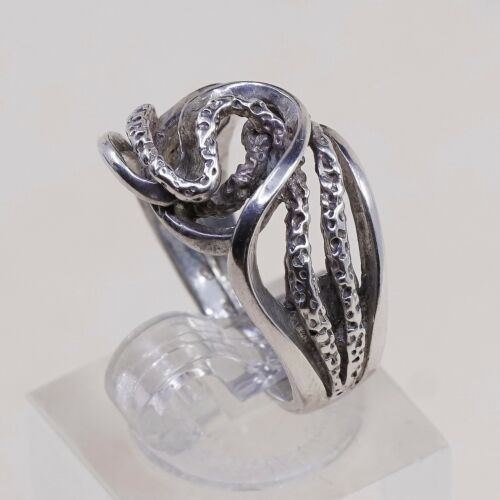 Size 6.5, Vtg Sterling 925 Silver Abstract Flower Band Ring, Silver Tested