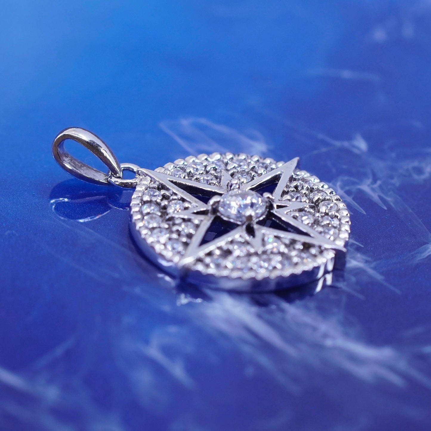 vintage Sterling silver handmade pendant, 925 compass with cluster cz