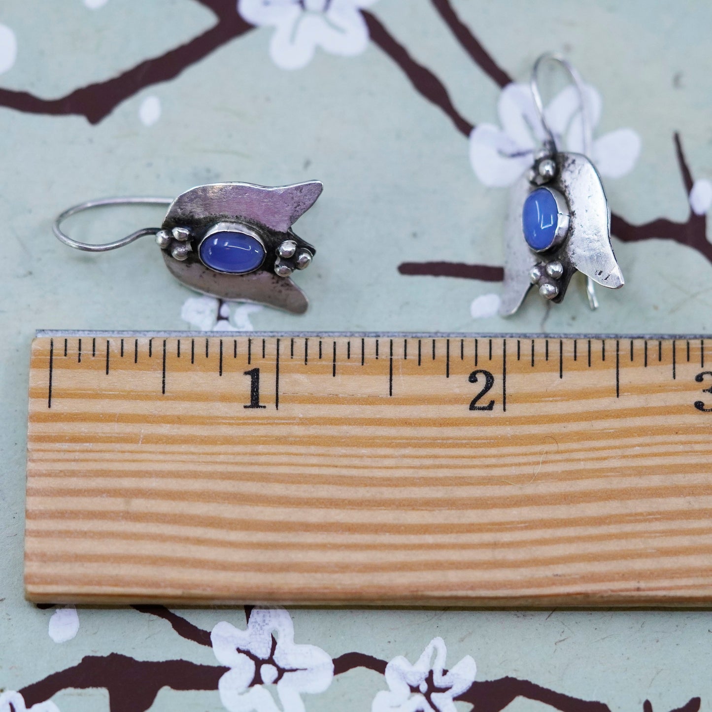 Vintage Sterling 925 silver handmade 925 lily flower earrings with moonstone