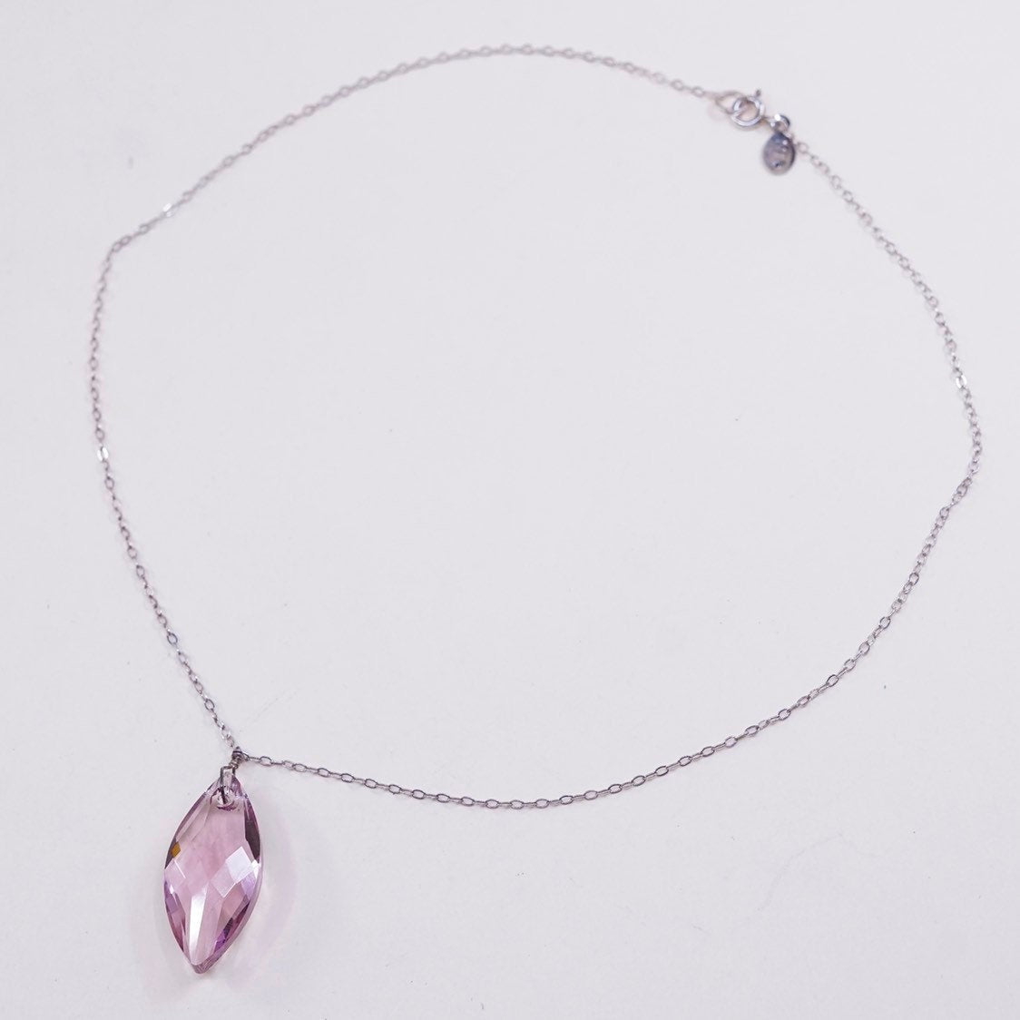 16", 2mm, vtg Sterling 925 silver handmade necklace w/ pink crystal pendant