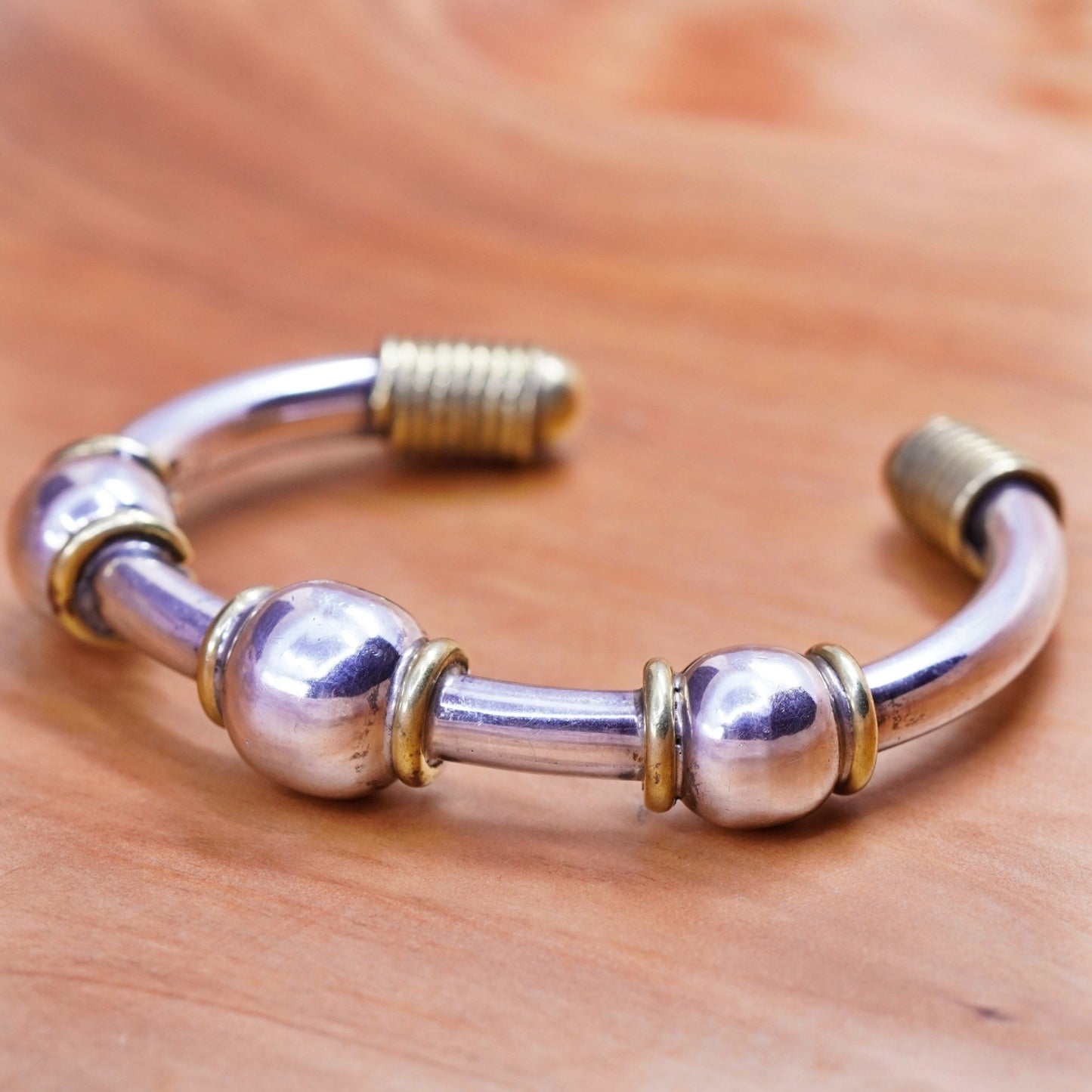 6.25”, Vintage two tone Sterling silver handmade bracelet, 925 cuff brass rope